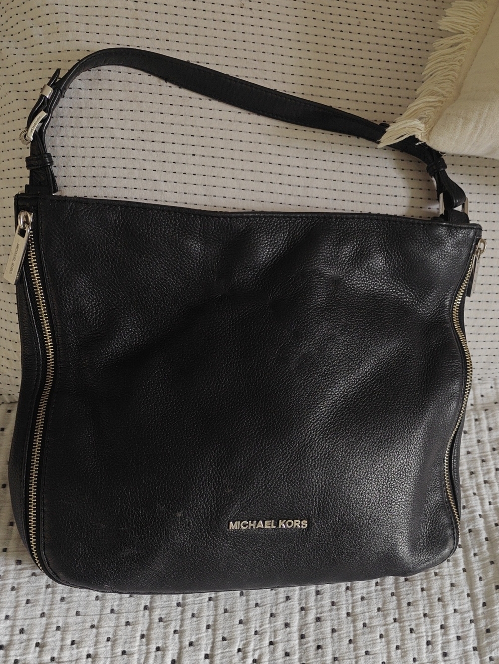 Michael Kors Black Pebbled Leather Messenger Bag with Gold Hardware